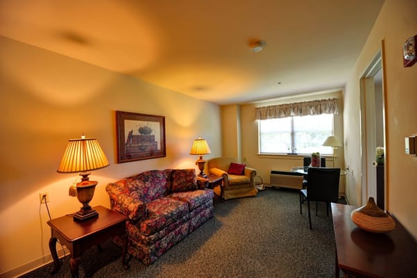 Bright and inviting living room with floral sofa, armchair, and lamp