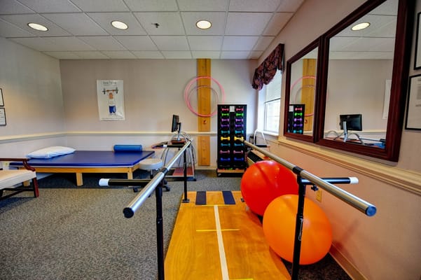 Interior of a therapy room with rehabilitation equipment