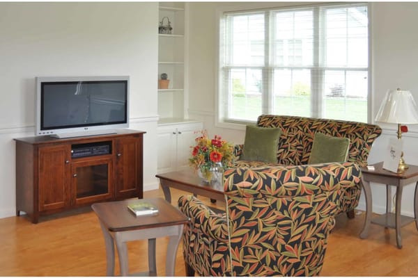 Cozy living area with floral furniture and television