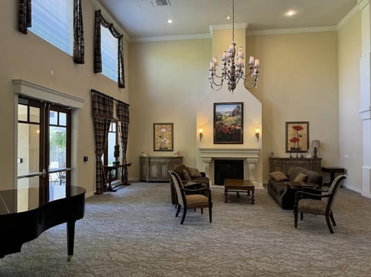 Bright lobby area with comfortable seating and decor