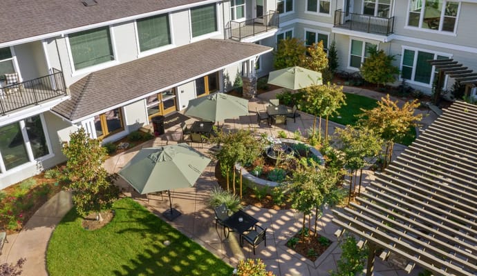 Aerial view of a beautifully landscaped outdoor courtyard