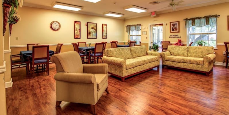 Common area of a senior living facility with seating