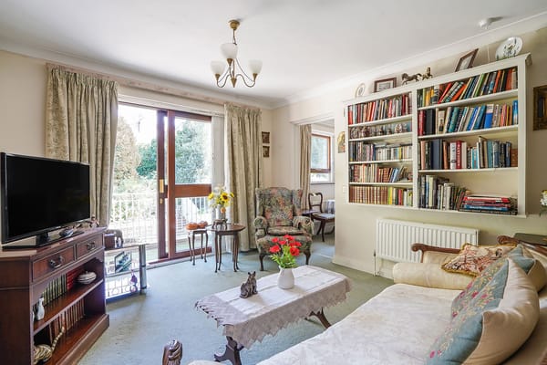 Bright and cozy common area with bookshelves and seating