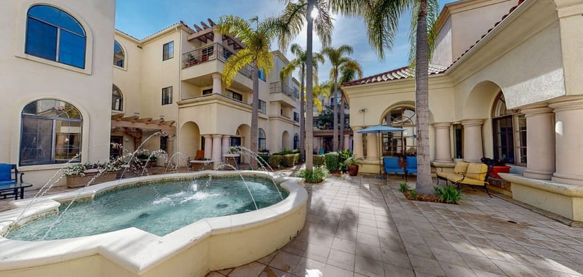 Outdoor courtyard with a fountain and palm trees