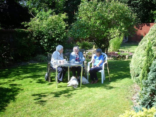 Residents enjoying time in a garden space with a small dog