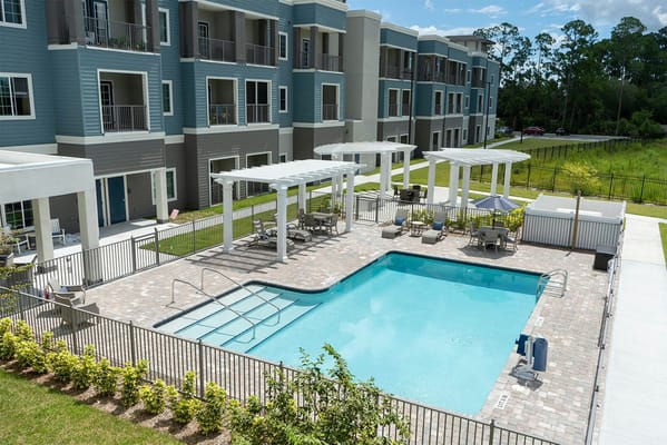 Aerial view of the pool area at Seagrass Village