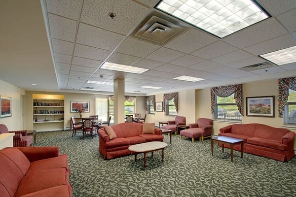 Cozy lounge area with seating and bookshelves