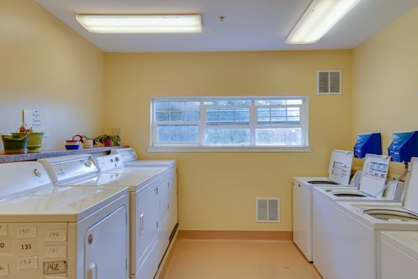 Bright laundry room with washing machines and dryers