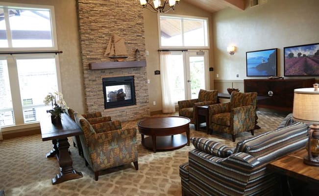 Cozy common area with seating and fireplace