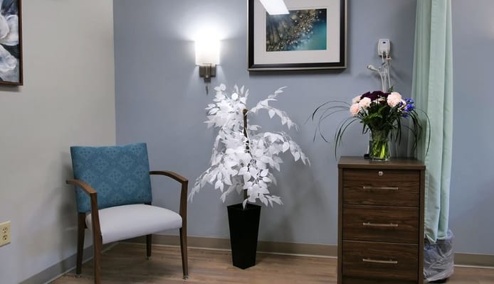 Interior corner of a room with artwork and plants