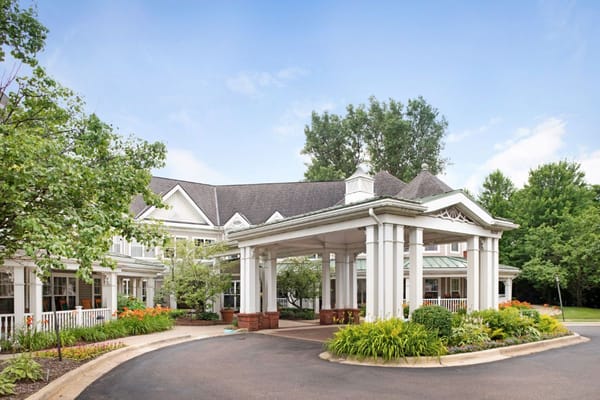 Exterior view of a senior living facility entrance
