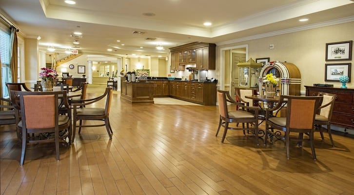 Interior dining area with wooden furniture and decor