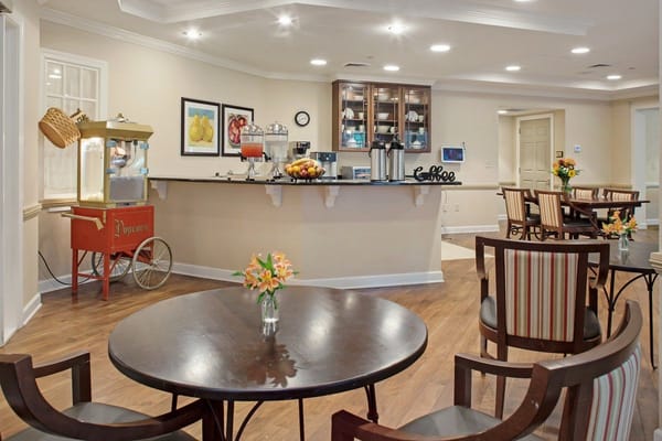 Interior view of the common area featuring a snack bar and seating.