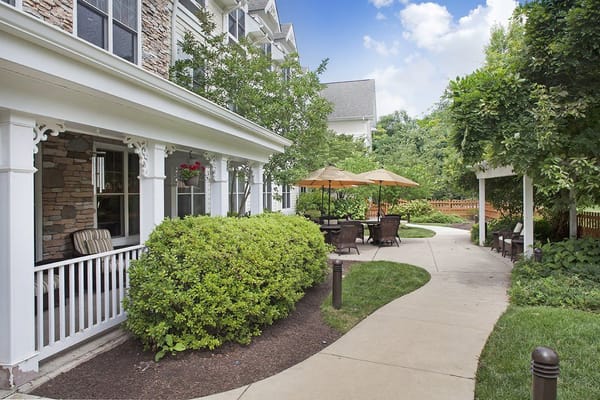 Charming outdoor space with tables and umbrellas surrounded by greenery.
