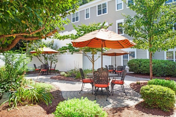 Paved outdoor seating area with umbrellas and chairs