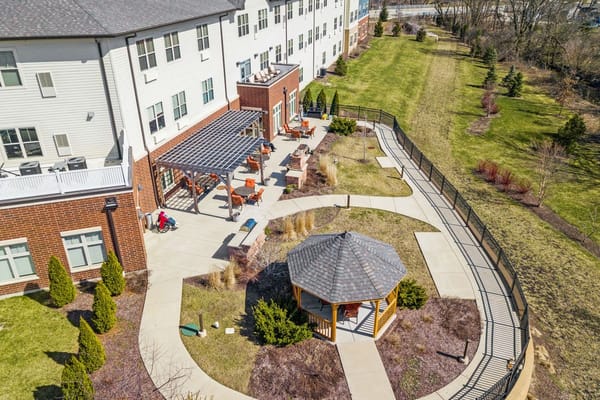 Aerial view of the outdoor area featuring a gazebo and seating