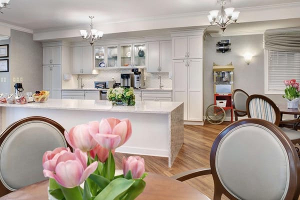 Bright common area featuring a kitchenette and dining space
