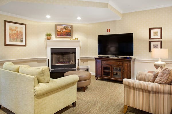 Comfortable living room with fireplace and television.