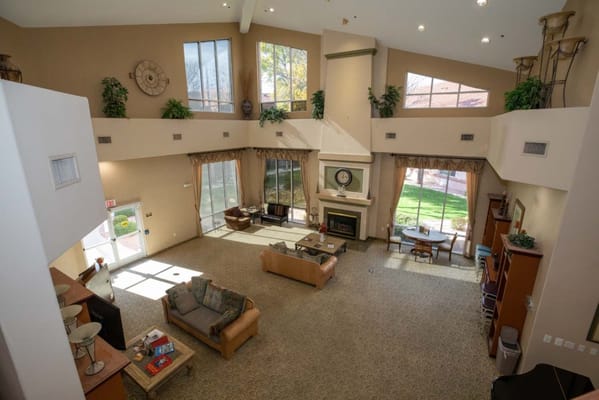 Spacious lobby with seating and large windows