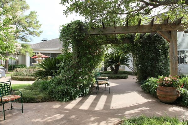 Serene garden space with seating and greenery