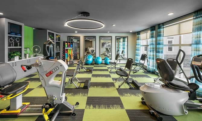 Indoor fitness room with exercise equipment