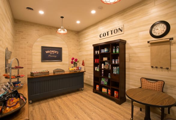 Pharmacy area with shelves and a counter