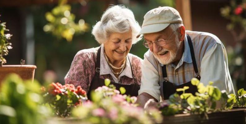 Two seniors joyfully gardening.