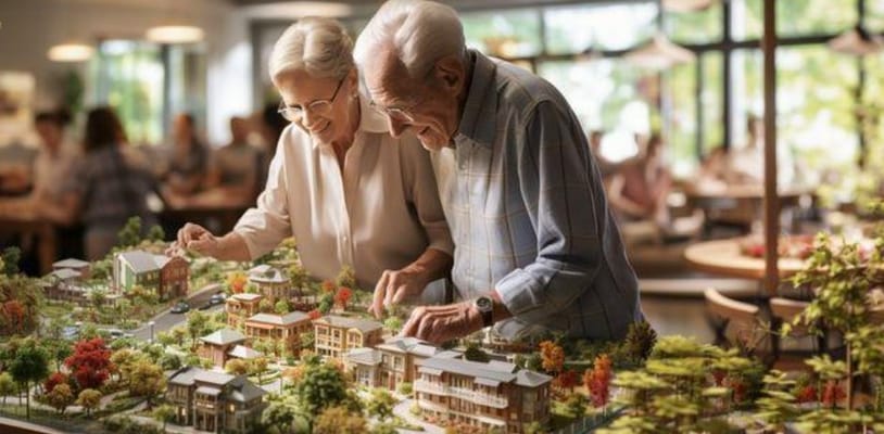 Two seniors examining a detailed model of a building.