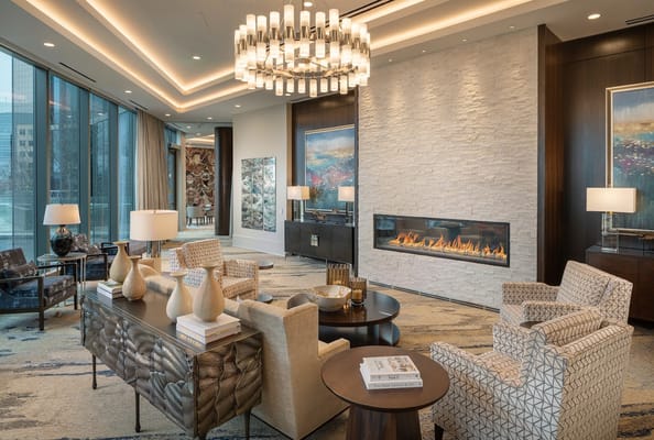 Luxurious common area with modern decor and fireplace