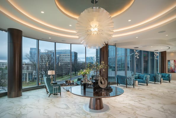 Bright and modern interior lounge area with large windows