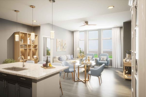 Bright and airy living room with a dining area and modern furnishings