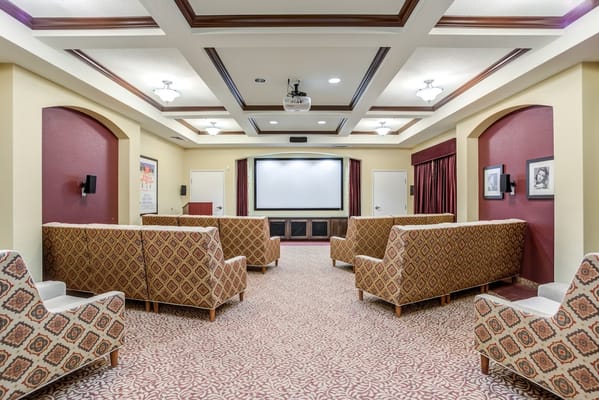 Cozy theater room with patterned seating and a large screen