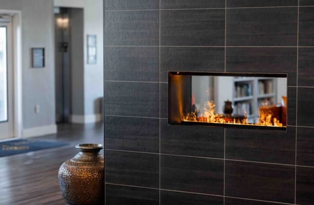 Modern fireplace feature in the lobby