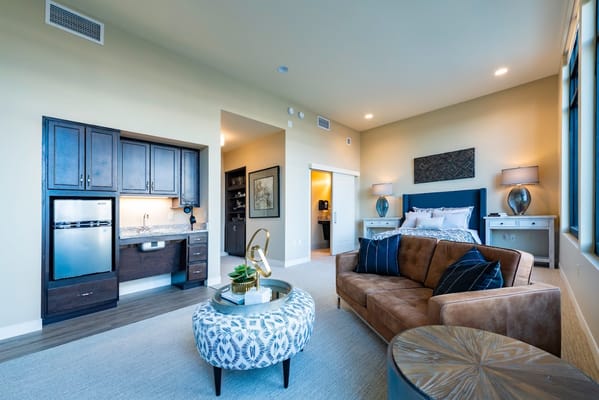 Stylish living room featuring a kitchenette and bedroom area
