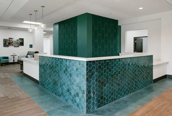 Bright and modern reception area with unique tile work
