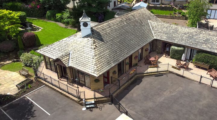 Aerial view of a nursing home building with outdoor spaces