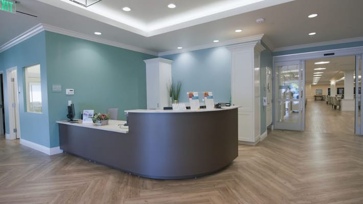 Bright reception area of a senior care facility