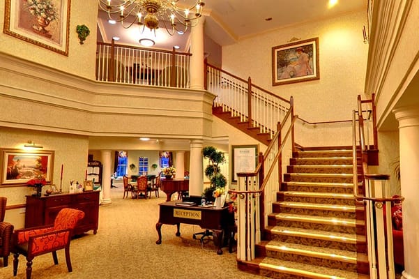 Interior view of the lobby and staircase at a care home