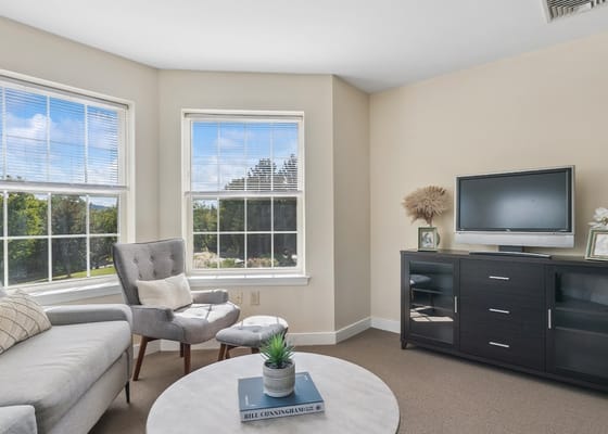 Bright indoor seating area with a television and windows