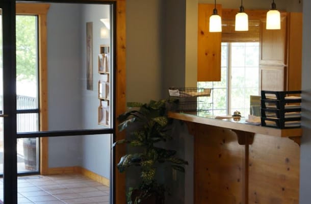 Interior lobby area with a reception desk