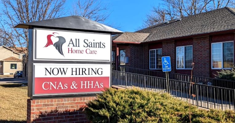 Exterior sign for All Saints Home Care facility