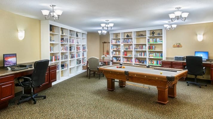 Interior view of a cozy library and game area