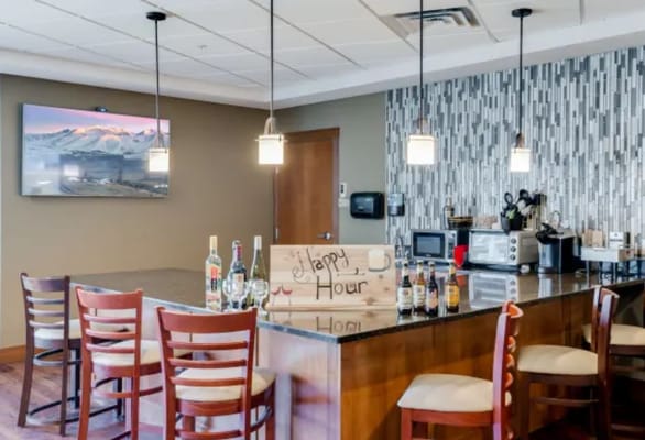 Interior view of a social area with a bar