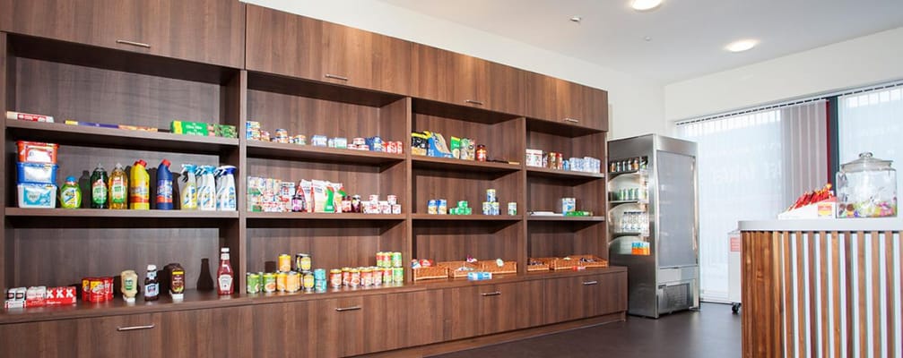 Facility kitchen area with snack shelves
