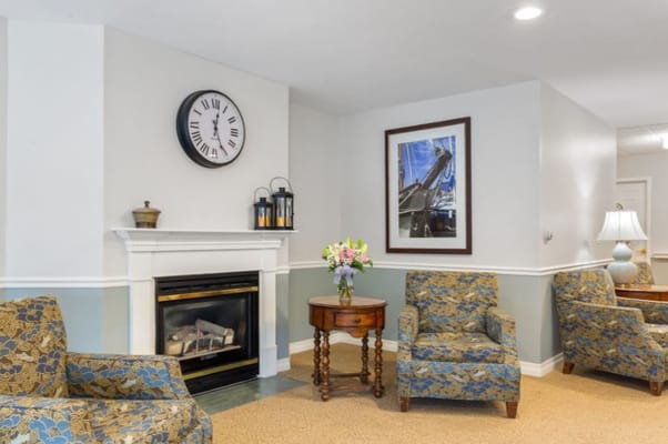 Cozy common area with fireplace and seating