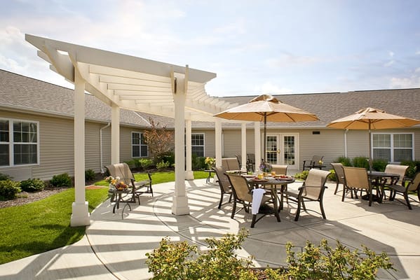 Outdoor seating area with umbrellas and tables