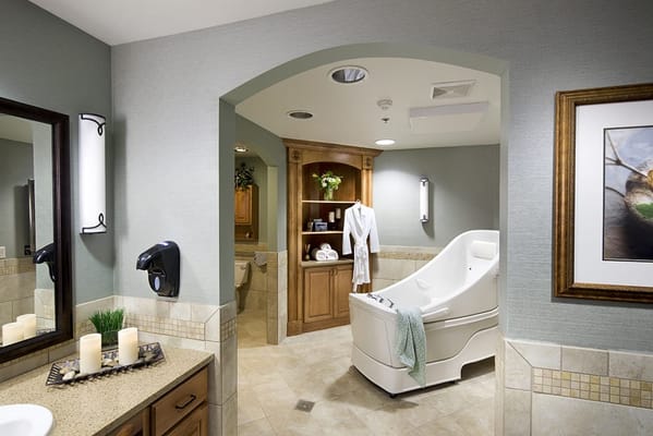 Well-designed bathroom facility with soft lighting