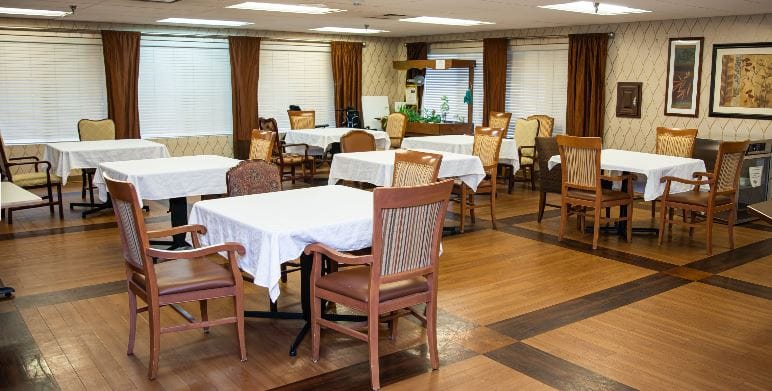 Dining room with empty tables and chairs