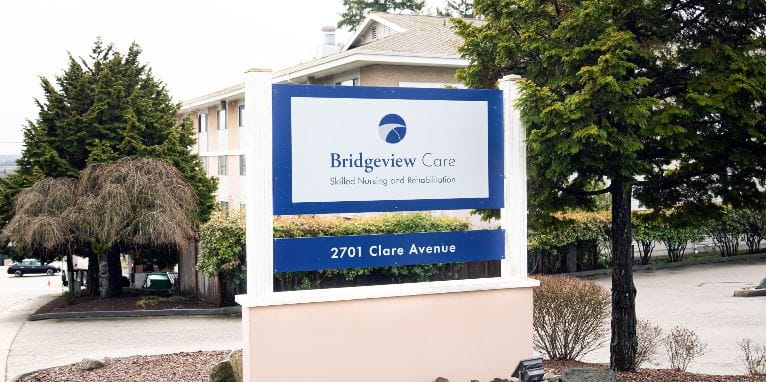 Signage for Bridgeview Care at the facility entrance