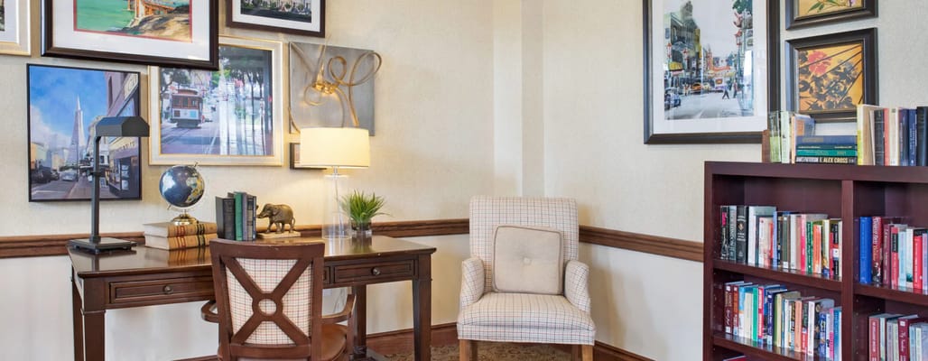Cozy interior space with a desk and bookshelf